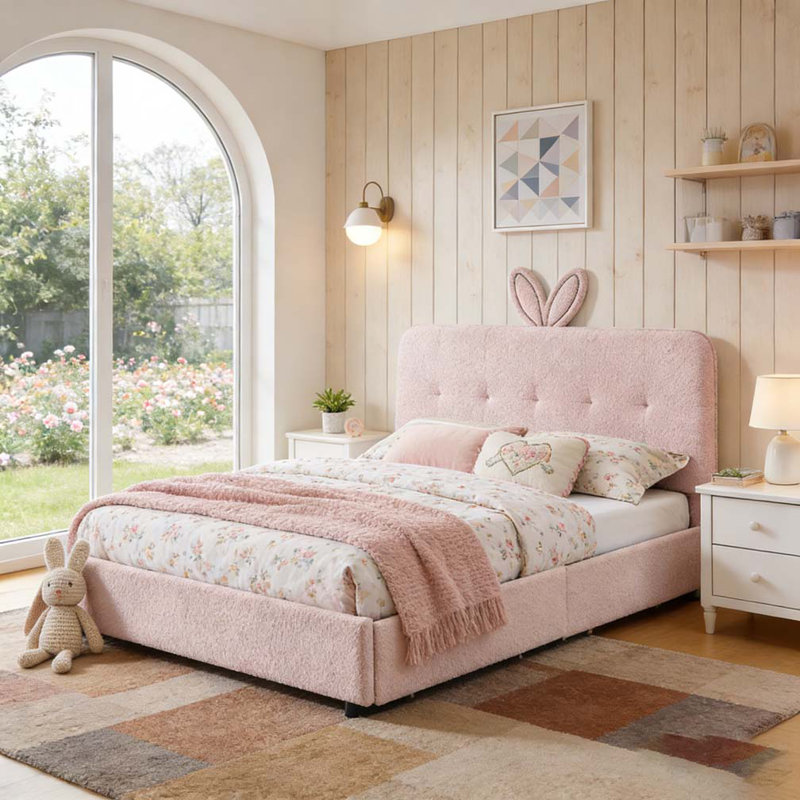 Lit tapissier avec tête de lit surdimensionnée, lumière DEL et 4 tiroirs de rangement, Lit double, Rose