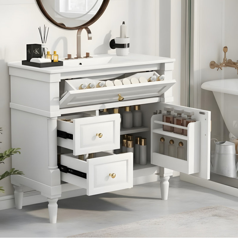 Meuble-lavabo autoportant de 36 po avec lavabo en céramique, tiroirs rabattables et tablettes réglables, Blanc