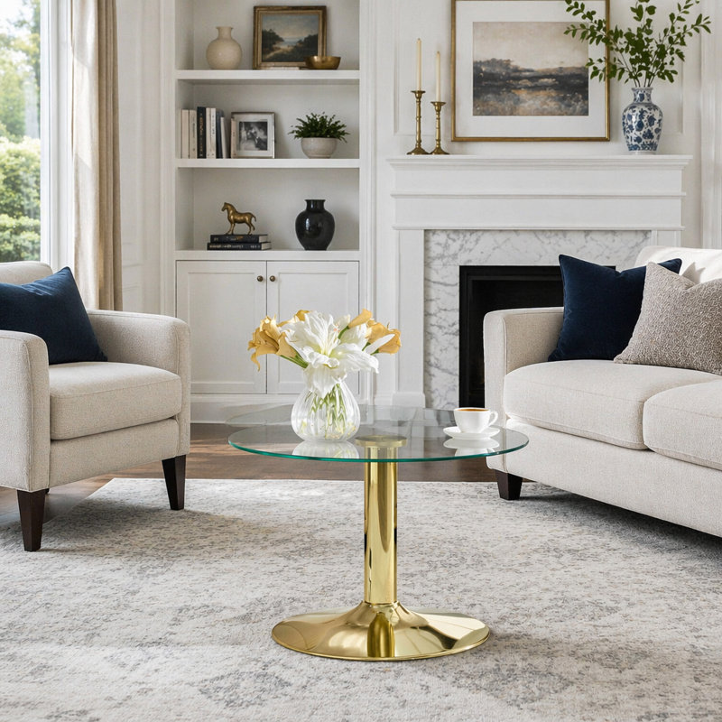 Table basse ronde en verre trempé de 27,5 pouces de diamètre. 17,7 pouces de haut, soutenu par une base en métal doré, avec un bord de luxe léger.