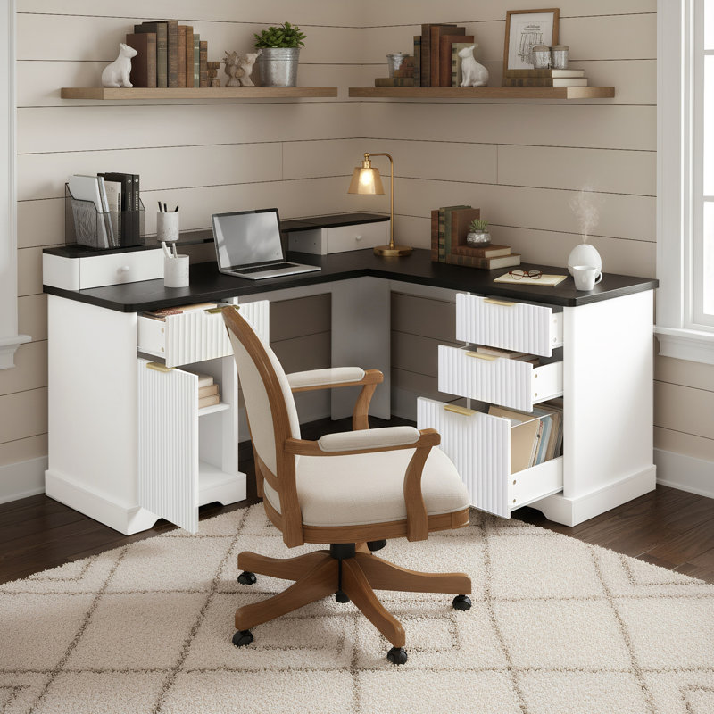 Bureau en L 59 po cannelé avec station de charge et armoire de rangement 59 po Modern