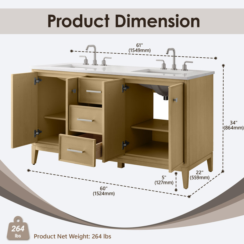 Ensemble de meuble-lavabo double 60 po, Natural Oak