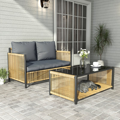 New Comming Outdoor PE Brown Wicker 2Seats Sofa With Grey Cushion And Table Set