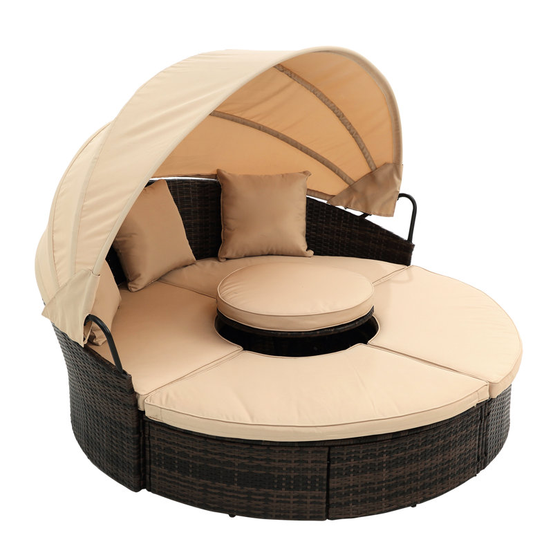 Lit à baldaquin avec cadre noir: lit de jour rond avec coussins confortables Lit rond: housses de coussin amovibles, Beige