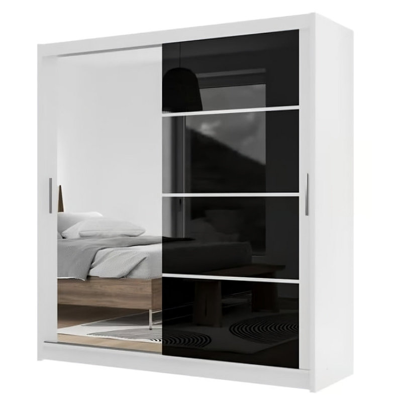 Sliding Door Wardrobe - Sleek Mirrored Storage with Versatile Setup, 215xm H x 203cm W x 61cm D, White/Black Gross