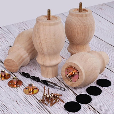 Heavy Duty Rubberwood Furniture Legs Set Of 4, Unfinished Wooden Legs For Sofa, Couch, Cabinet, Dresser, And Bench Replacement, Easy Installation Included