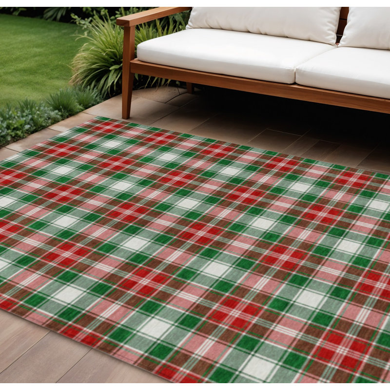 Tapis intérieur/extérieur lavable à carreaux rouge émeraude et blanc 3 m x 4,25 m