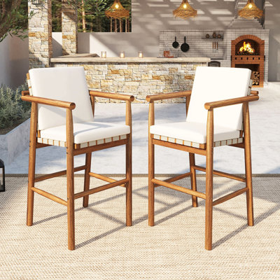 Ensemble de 2 tabourets de bar à hauteur de comptoir pour l'extérieur, ensemble de 2 tabourets de patio modernes en bois d'acacia avec accoudoirs à dossier et siège à sangles, pour les coussins de patio, de piscine, de jardin et beiges inclus
