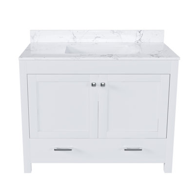 Ensemble de meuble-lavabo moderne 43 po avec plateau en marbre de Carrare blanc, armoire de salle de bain multifonctionnelle avec portes et tiroir, cadre solide et panneau en bois aggloméré (trou de robinet simple)