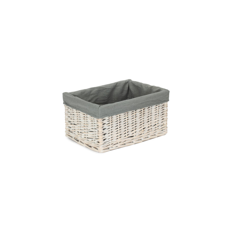 Wicker Storage Basket with Lining, 19cm H x 37cm W x 24cm D, White Wash/Grey