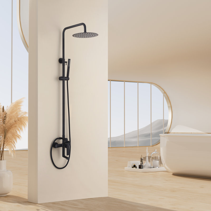 Système de douche mural brossé à pression équilibrée avec pomme de douche à pluie haute pression, douchette à main et barre coulissante réglable