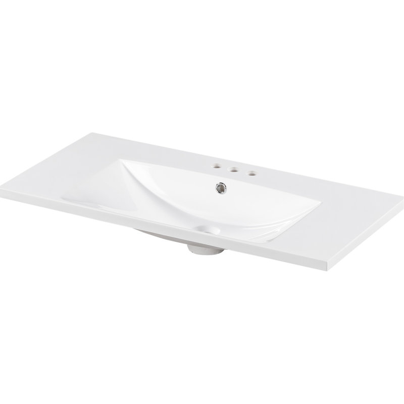 36X18" Bathroom Resin Basin, Rectangular 3 Hole White Vanity Top, Fits 4" Center Faucet, Resistance Trait Sink 36X18", Resin, White, Faucet Compatible, Impact- Surface