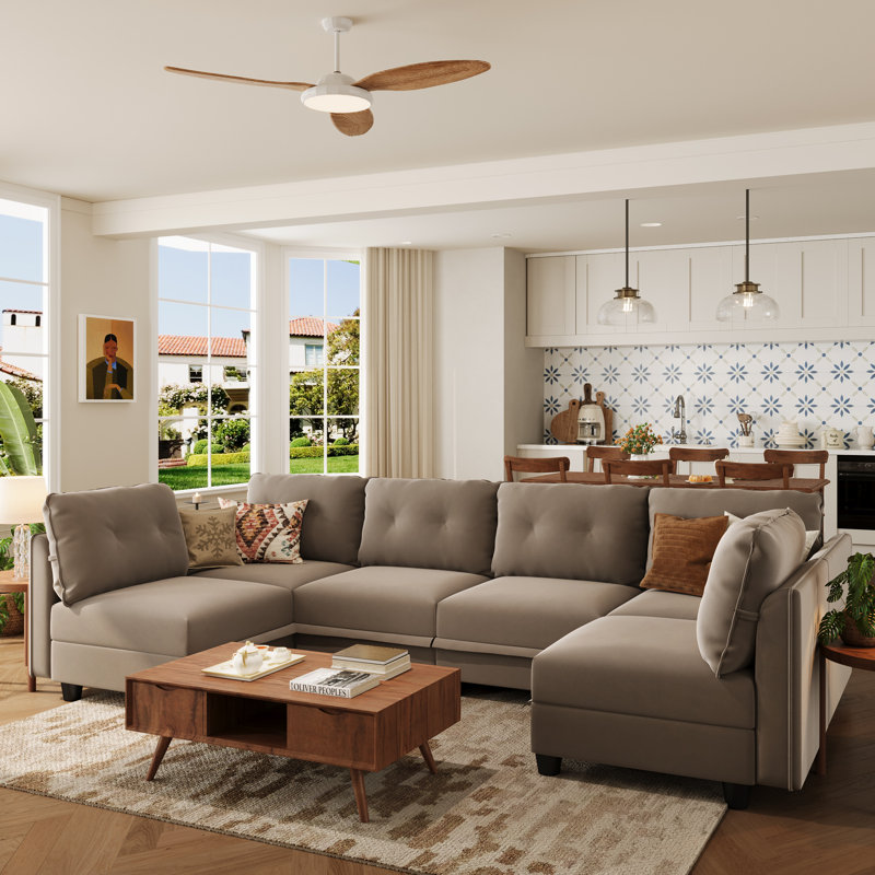 Canapé modulaire en U avec rangement 6 pièces Zendajas, Velours brun clair