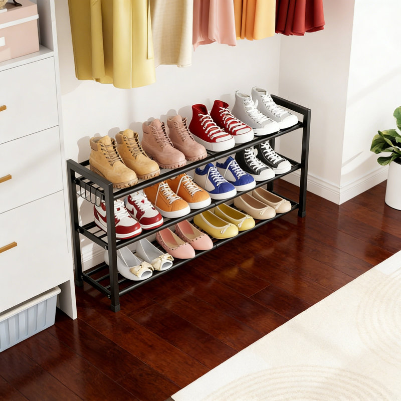 Expandable 3-Tier Shoe Rack, 12 Pairs, Metal, With Hooks, Black