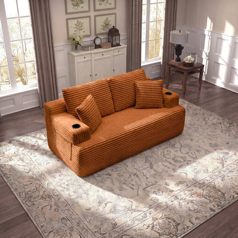 Canapé de plancher 66,5 po avec porte-gobelets, poches latérales et 2 coussins - sans assemblage, Orange