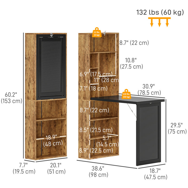 Bureau convertible avec tableau noir et tablette, brun rustique, bois, Noir / brun