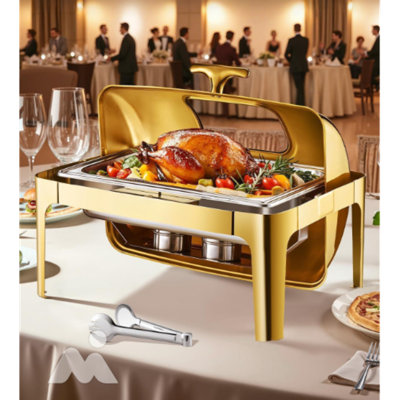 Réchaud à roulettes pour buffet, table à manger rectangulaire en acier inoxydable 9 pte avec couvercle visible, poêle pleine grandeur, support pliant, support à carburant et pince à repas, finition dorée