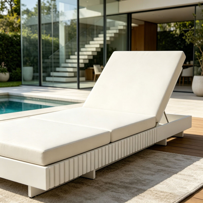 Solid Wood Lounge Chaise, White+Cream 3-Fold Cushion
