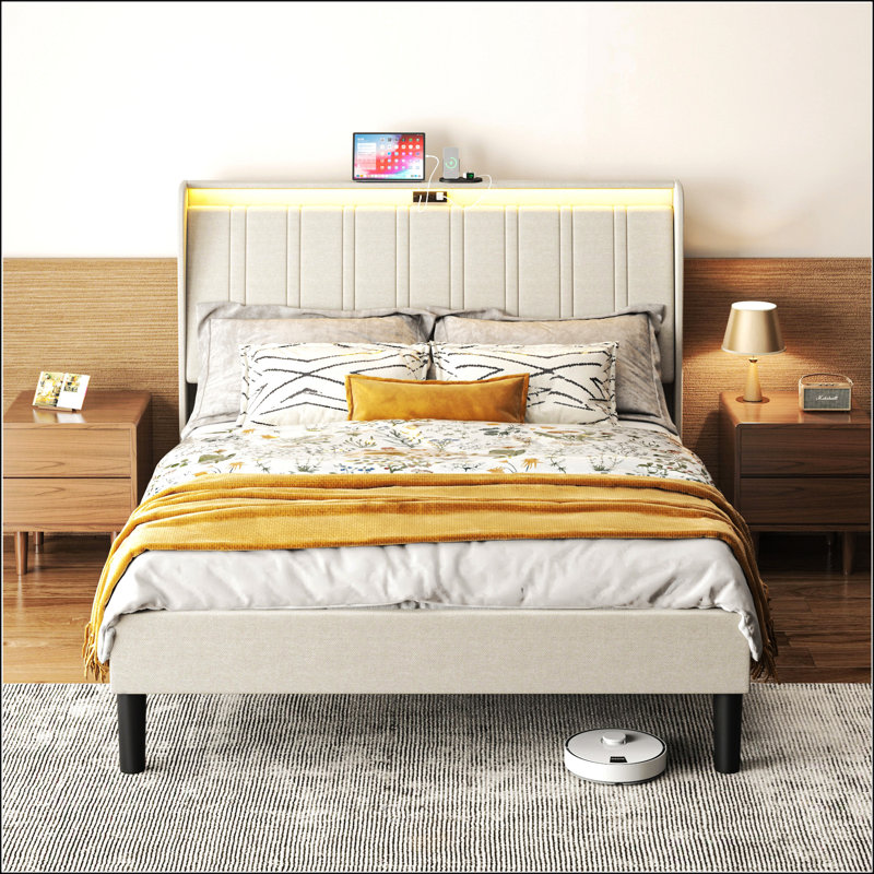 Structure de lit plateforme double avec tête de lit tapissier en tissu et support de lattes en bois, Double