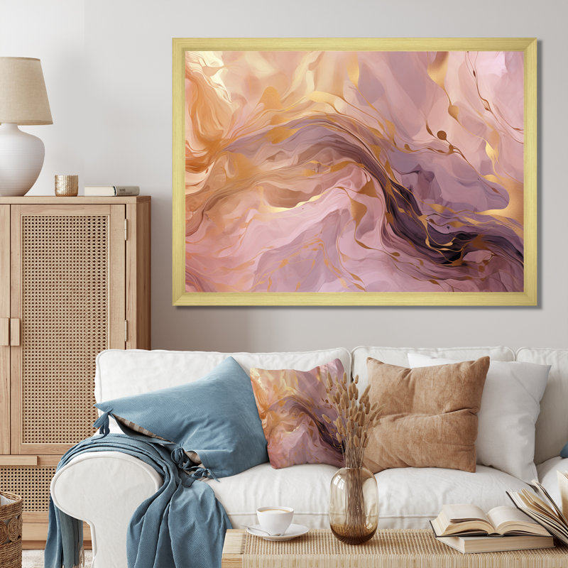 «Tender Liquide Vintage Pink Gold Waves - Abstract Shape», reproduction d'art, Encadrement doré, H 24 po x l 32 po x P 1 po