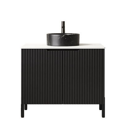 30" Bathroom Vanity with Sink, Freestanding Bathroom Storage Cabinet with 2 Doors, Black Round Ceramic Basin with Stone Pattern & Carrara White Sintered Stone Countertop, No Faucet