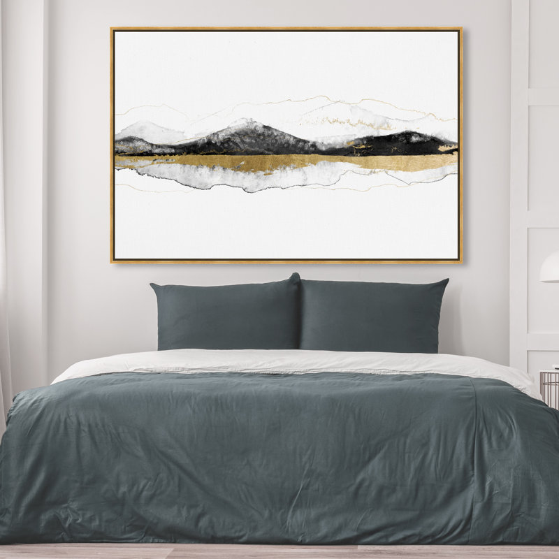 " Abstract Behind These Mountains, Modern & Contemporary White ", 10" H x 15" W x 1.5" D, Black Framed