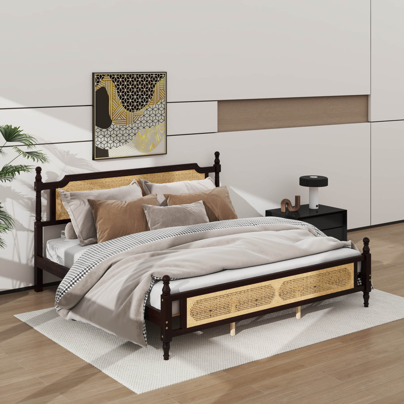 King Size Wooden Bed Frame Embellished With Rattan Head, Espresso