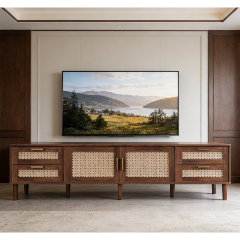 Meuble télé 78,7 po pour téléviseur de 85 po ou moins, console multimédia moderne avec portes tissées et 4 tiroirs, brun foncé