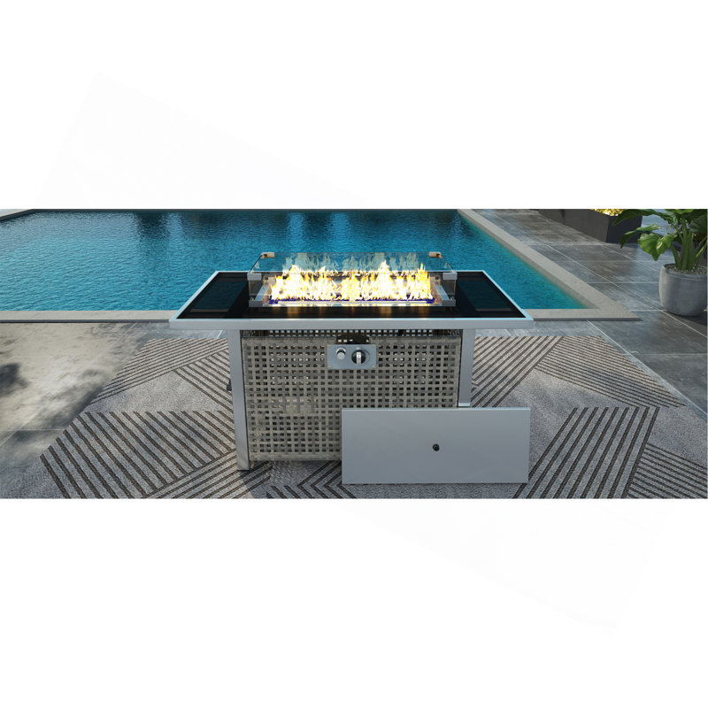 K&K 43" Propane Gas Fire Pit Table, 60000 BTU Rectangular Open Weave Wicker Fire Pit With Glass Wind Guard For Outside Patio Deck Garden Backyard