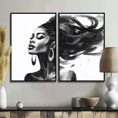 Noir et blanc femme afro-américaine II - grande femme, art mural 2 panneaux