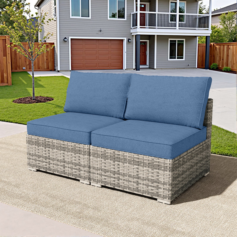 2-Person Outdoor Sectional With Cushions,All-Weather Wicker Patio Loveseat, Denim Blue