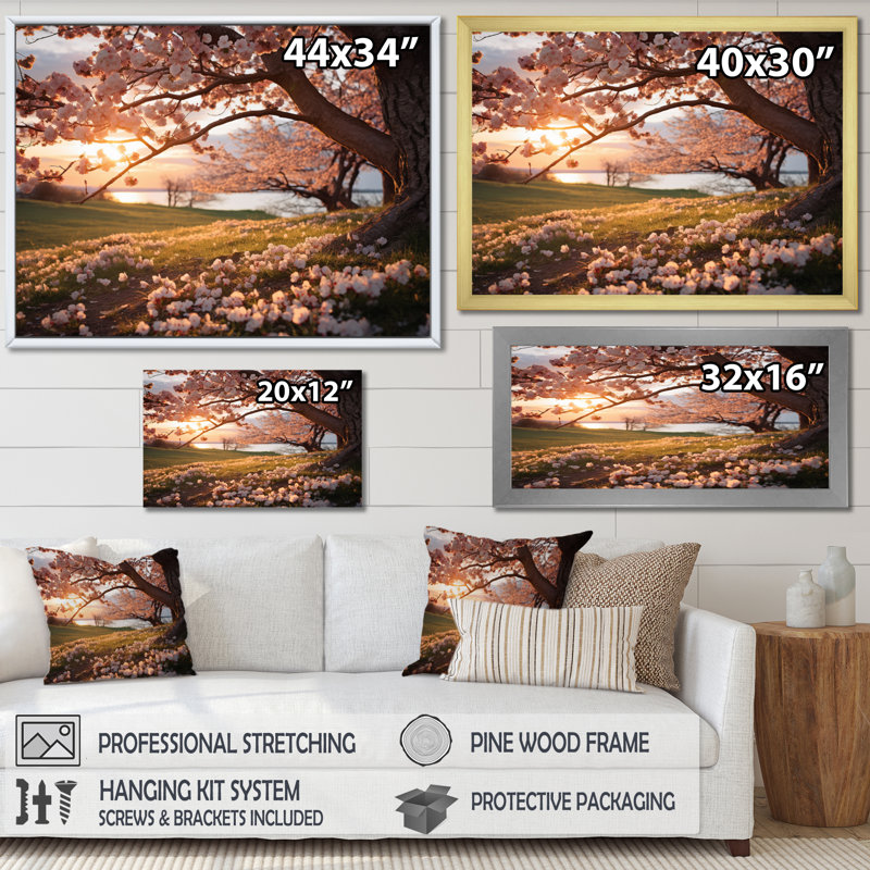 «Pink Cherry Blossom Field II», reproduction sur toile, Cadre doré à une seule photo, H 34 po x l 44 po x P 1,5 po
