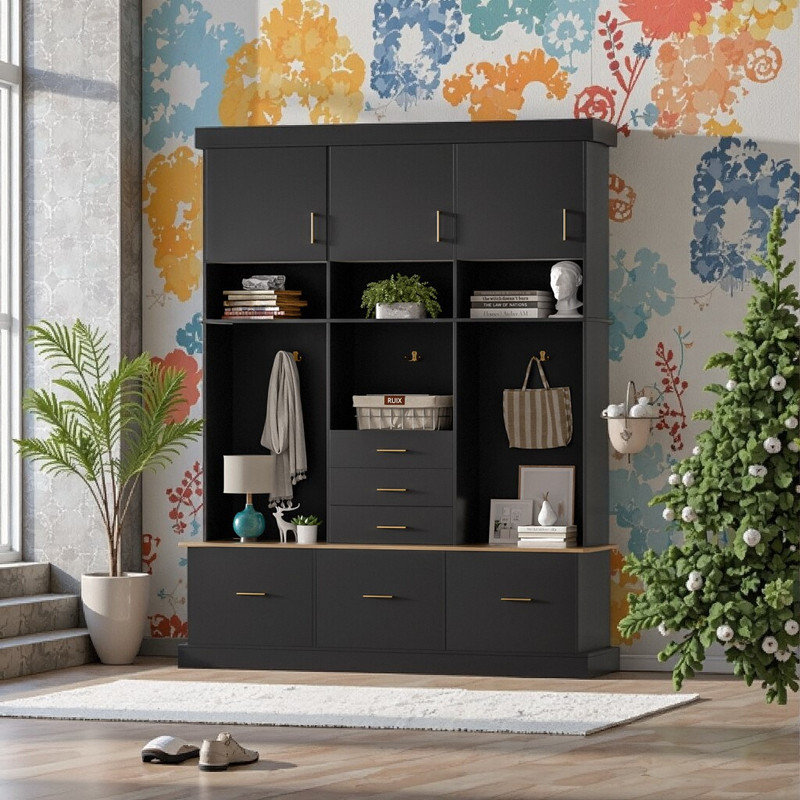 75" H Functional Hall Tree With Bench Storage, 5-in-1 Entryway Organizer Coat Rack, 6 Drawers, 3 Cabinets & Shelves For Hallway, Living Room