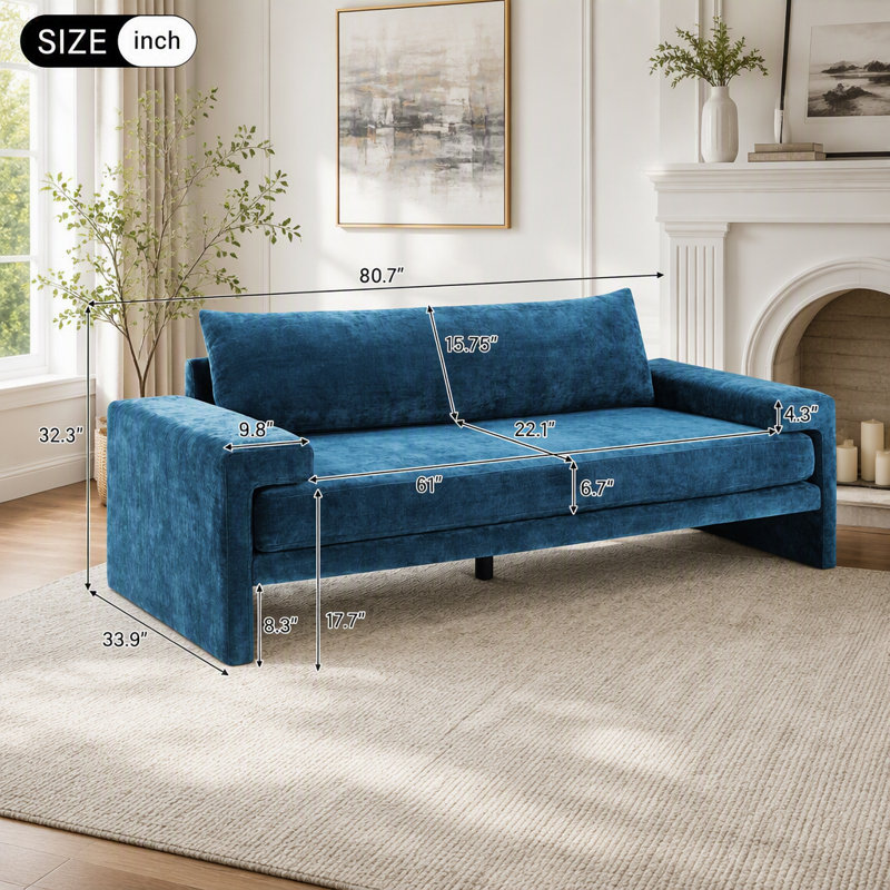 Canapé surdimensionné en chenille 3 places avec accoudoirs larges et coussins épais, Chenille bleu