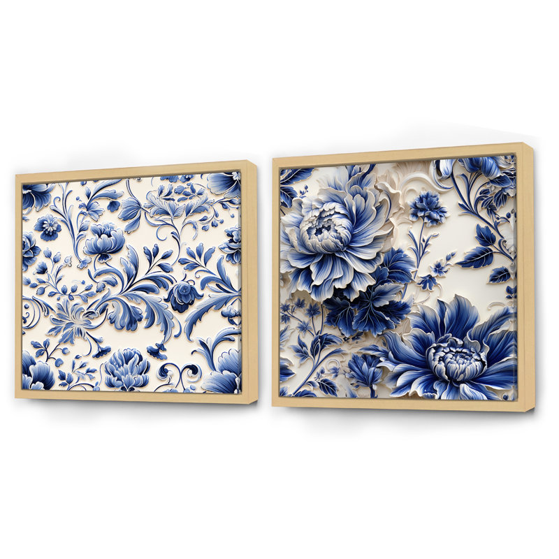 Cobalt bleu Renaissance Flourish Victorian, Cadre flottant brun, H 36 po x l 73 po