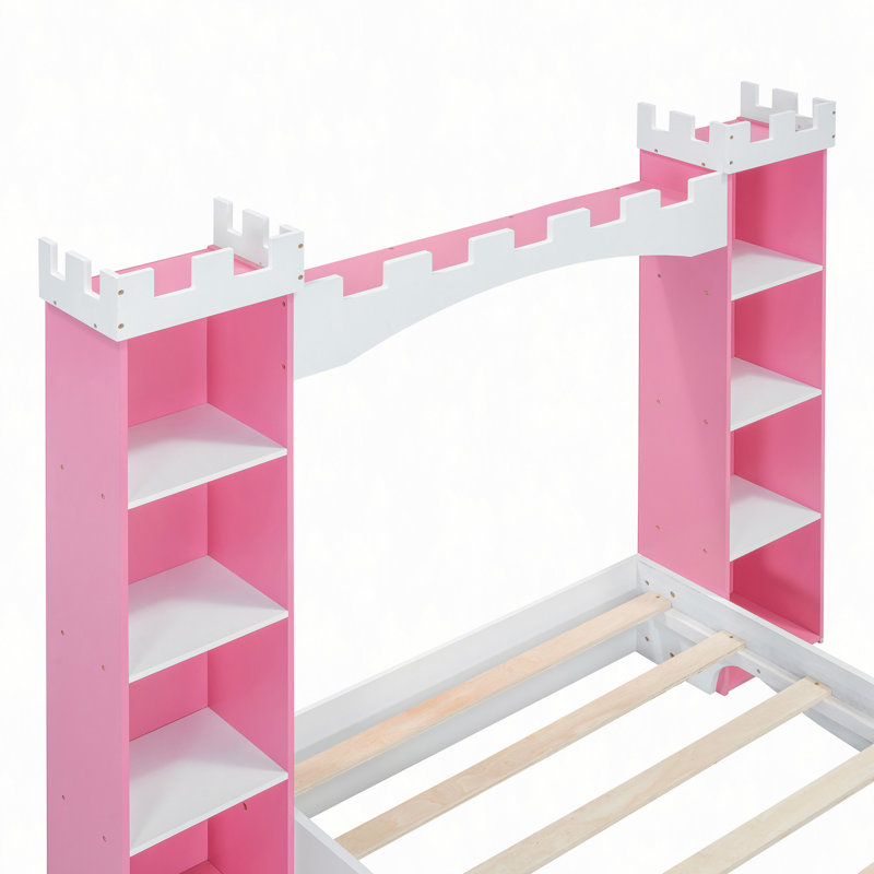 Lit en bois en forme de château avec tablette de rangement, lit plateforme Dreamy
