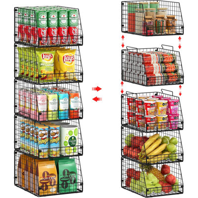 5 Pack XXL Stackable Wire Storage Basket, Extra Large Capacity Pantry Organizer and Storage, Muti-Purpose for Fruit Vegetable Basket & Toy Bin & Snack Organizer