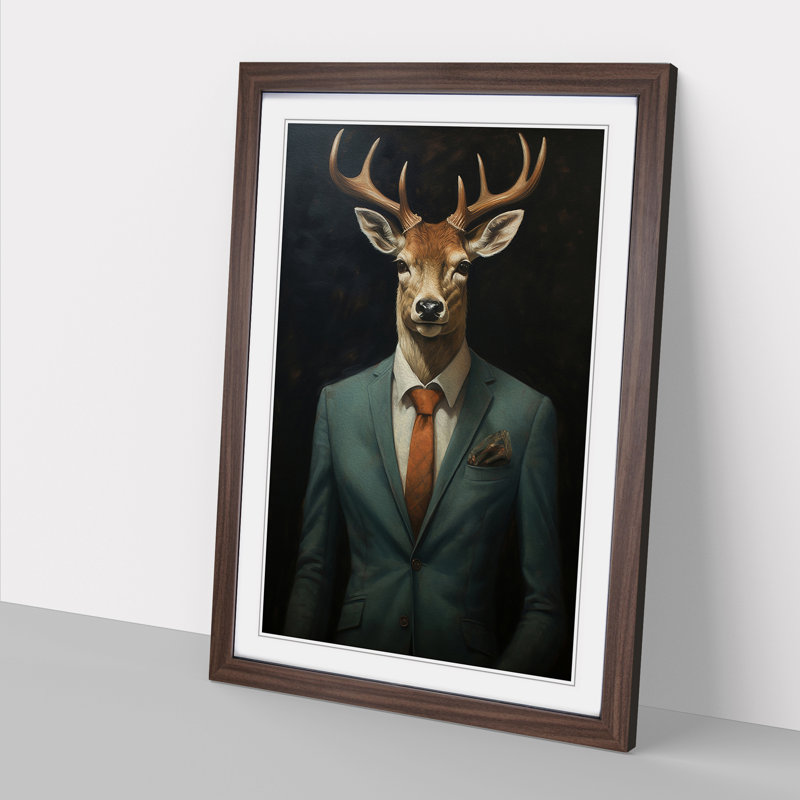 Deer In A Suit No.2 - Single Picture Frame Print on Wood, Walnut, 46cm H x 34cm W x 2cm D