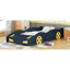 Lit plateforme simple en forme de voiture de course avec roues et rangement, bleu foncé et jaune-133696220-133696219