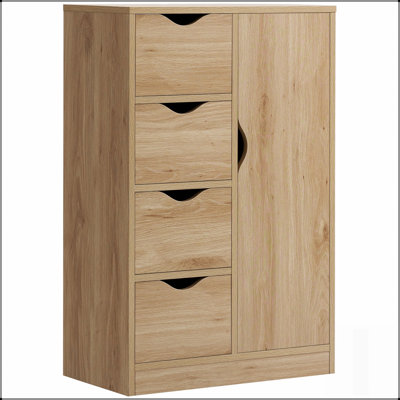 Freestanding Bathroom Floor Cabinet with 4 Drawers and Door, Oak Finish for Organized Storage