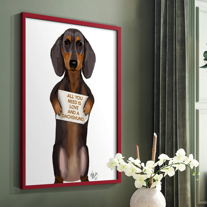 «Love and Dachshund», reproduction encadrée - bois massif, Cadre simple rouge, H 10 po x l 8 po