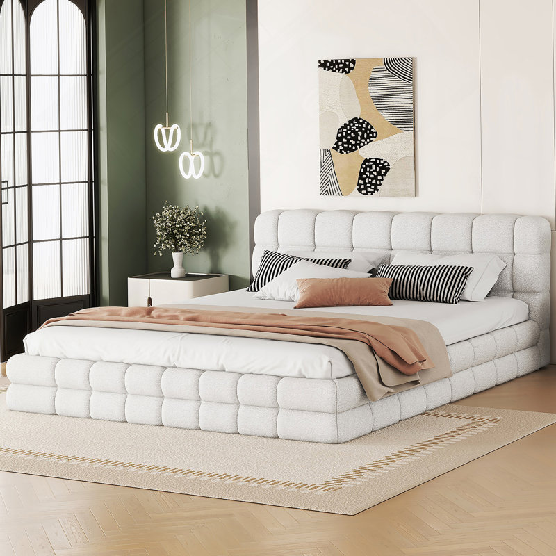 Queen Upholstered Platform Bed, White