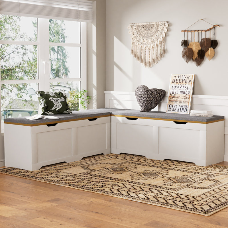 Banc de rangement en forme de L 3 pièces avec coussin, blanc et naturel, multifonctionnel pour un usage domestique, Blanc