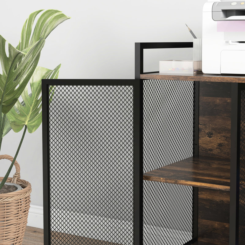 Imprimante de style industriel avec table. Étagère à 3 niveaux soignée et organisée. Fonction de frein à pied mobile. Table de chargement rustique à teinte brune, brun. Tablette réglable, quatre roulettes, bureau personnel
