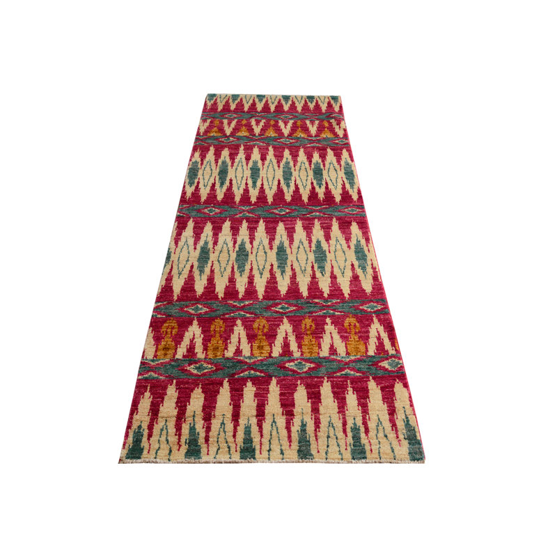 Tapis rose/vert en laine noué la à la main one-of-kind modern Reubens, Tapis de couloir 2 pi 8 po x 7 pi 7 po