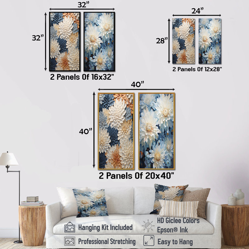 «Garden Bliss Mums» en blanc et bleu - ensemble de 2 reproductions d'art sur toile, Cadre blanc, H 40 po x l 41 po