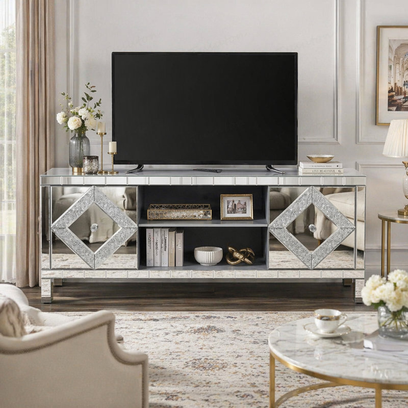 Meuble télé en miroir pour téléviseur de 65 pouces et plus, console de télévision avec rangement ouvert et 2 armoires de rangement, portes de miroir scintillantes en forme de losange
