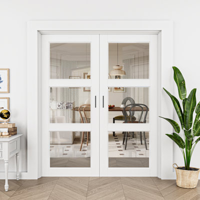 80"H 3-Lite Clear Glass White Primed Interior French Doors With Black Ball Catch And Installation Hardware Kit /Handles