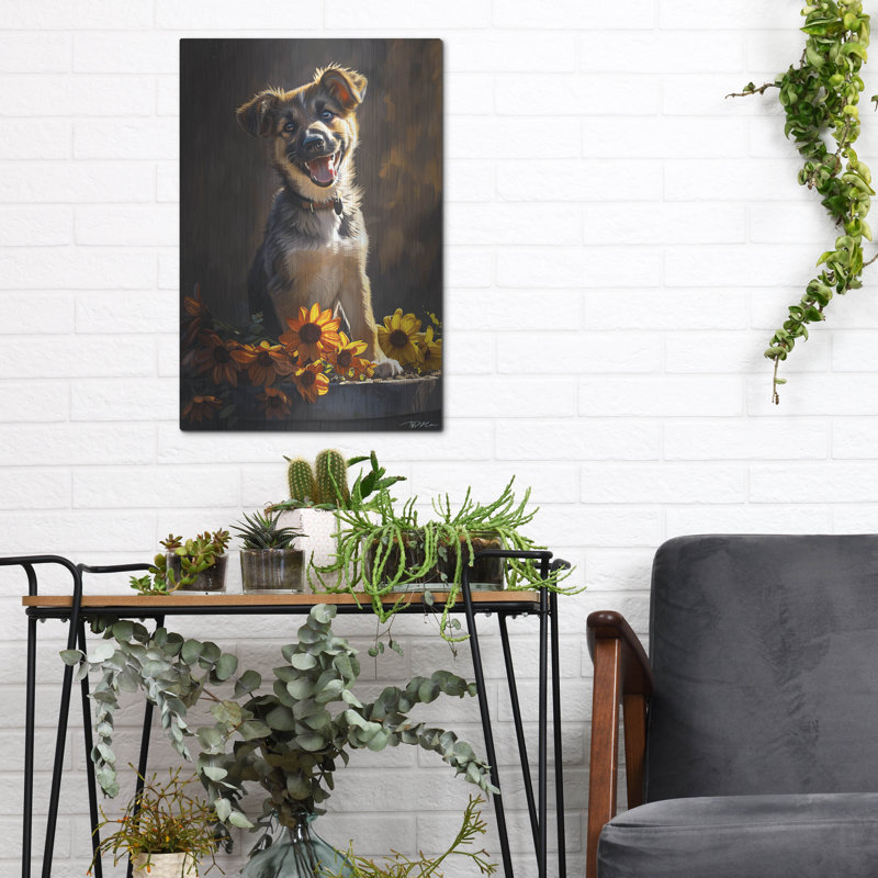 Art mural en métal Winston Porter «Cute Puppy With Orange Flowers German Shepherd» par Momart, H 16 po x l 12 po