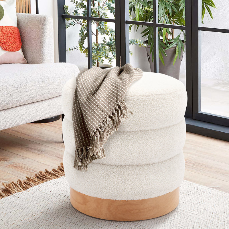 Carra 18'' Wide Round Upholstered Pouf Ottoman, Cream Boucle