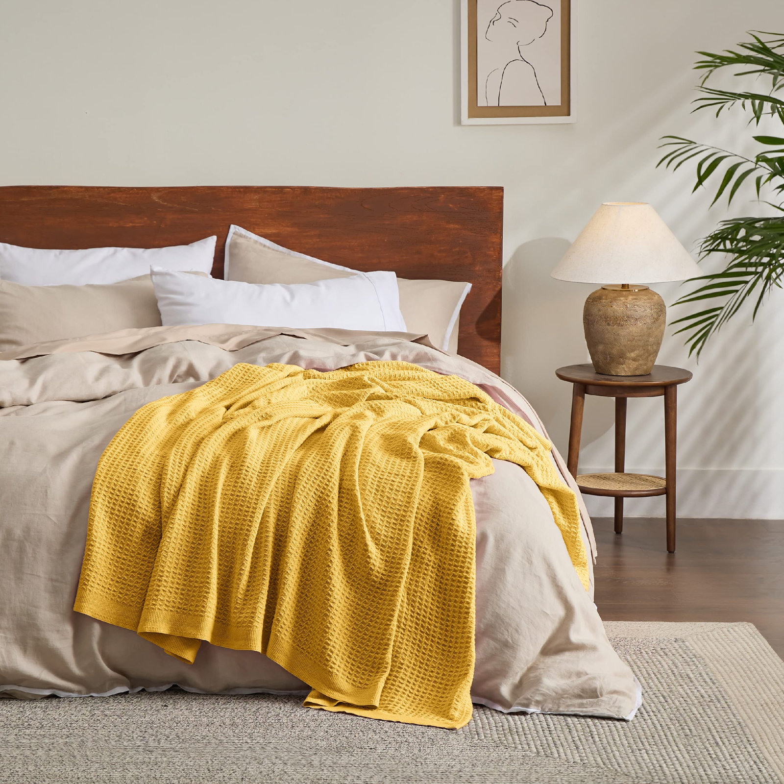 Bedsure Cotton Waffle Weave Throw Blanket, King, Mustard Yellow